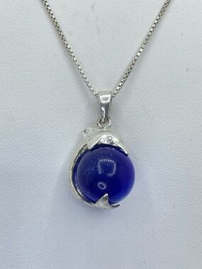 Vintage 925 Sterling Silver Blue Cat Eye Dolphin Spinner Globe Pendant Necklace
